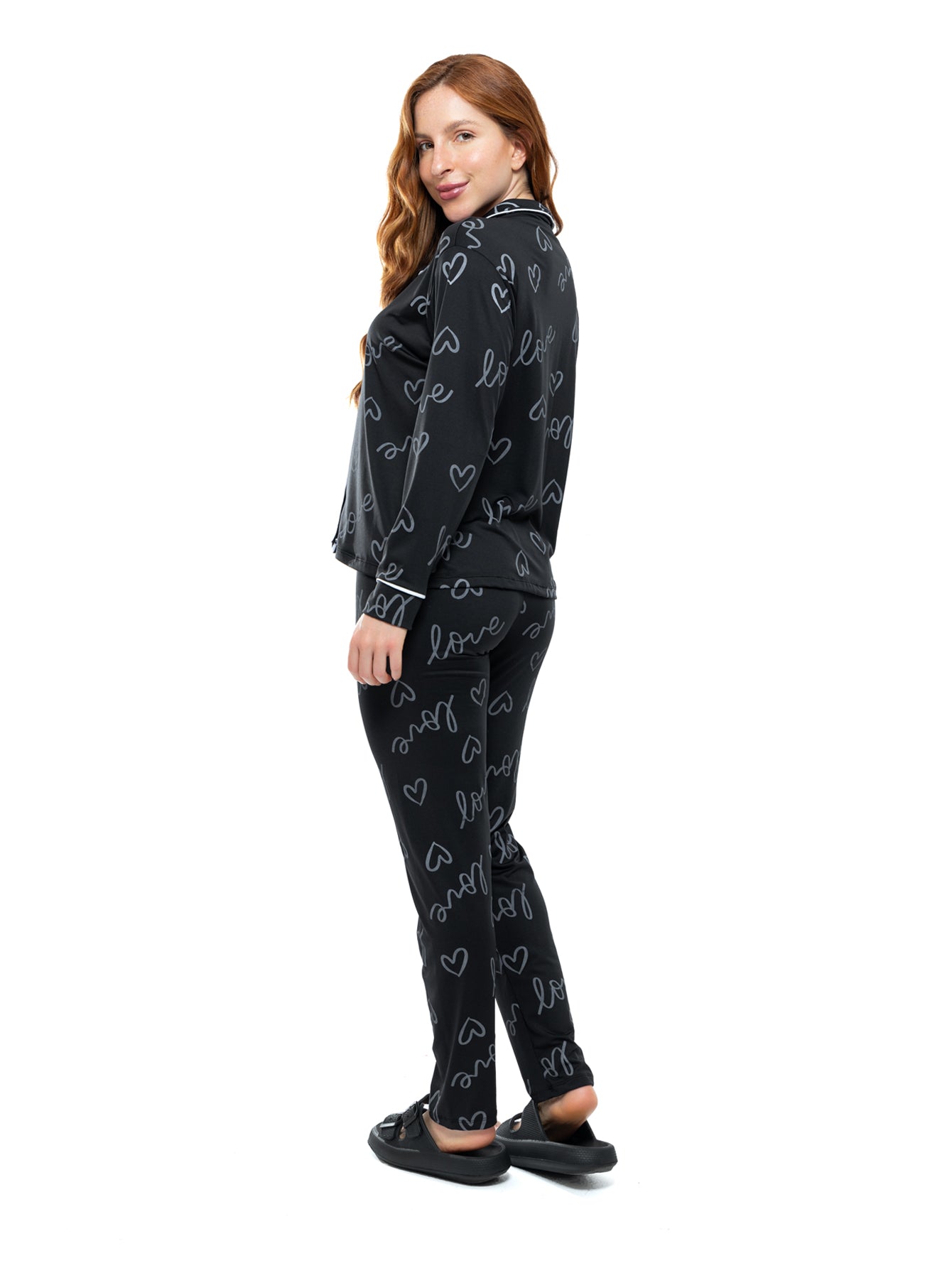 Pijama Longo Americano de Suede- Love Preto