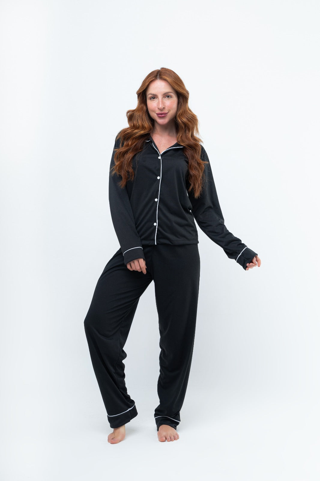Pijama Longo Americano Suede- Preto com Branco
