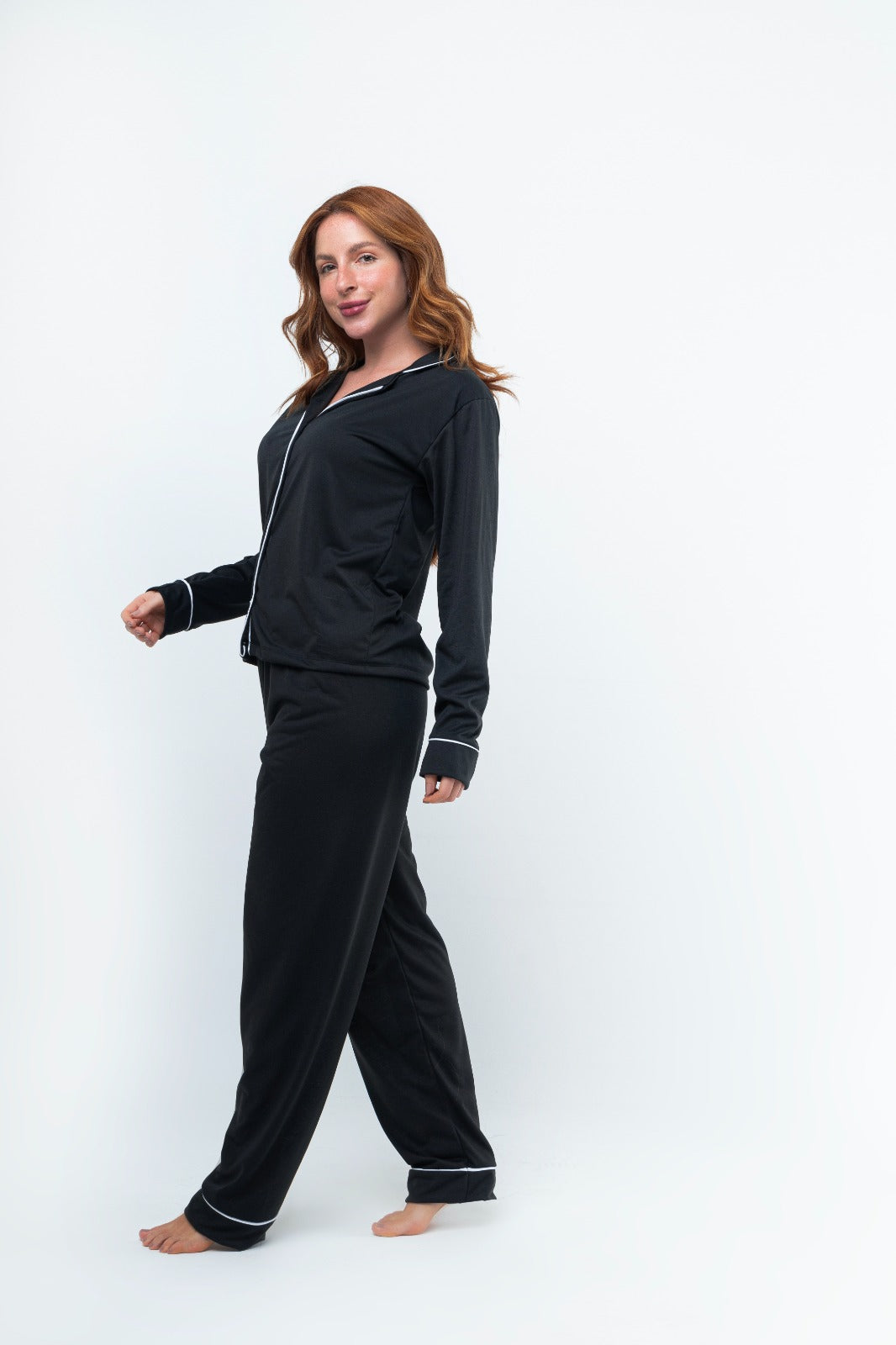 Pijama Longo Americano Suede- Preto com Branco