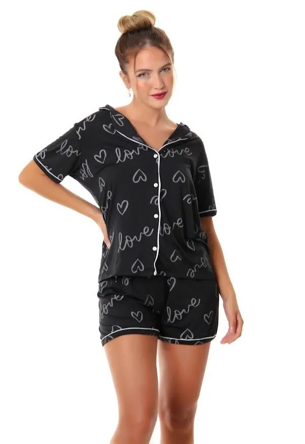 Pijama Curto Americano Suede - Love Preto