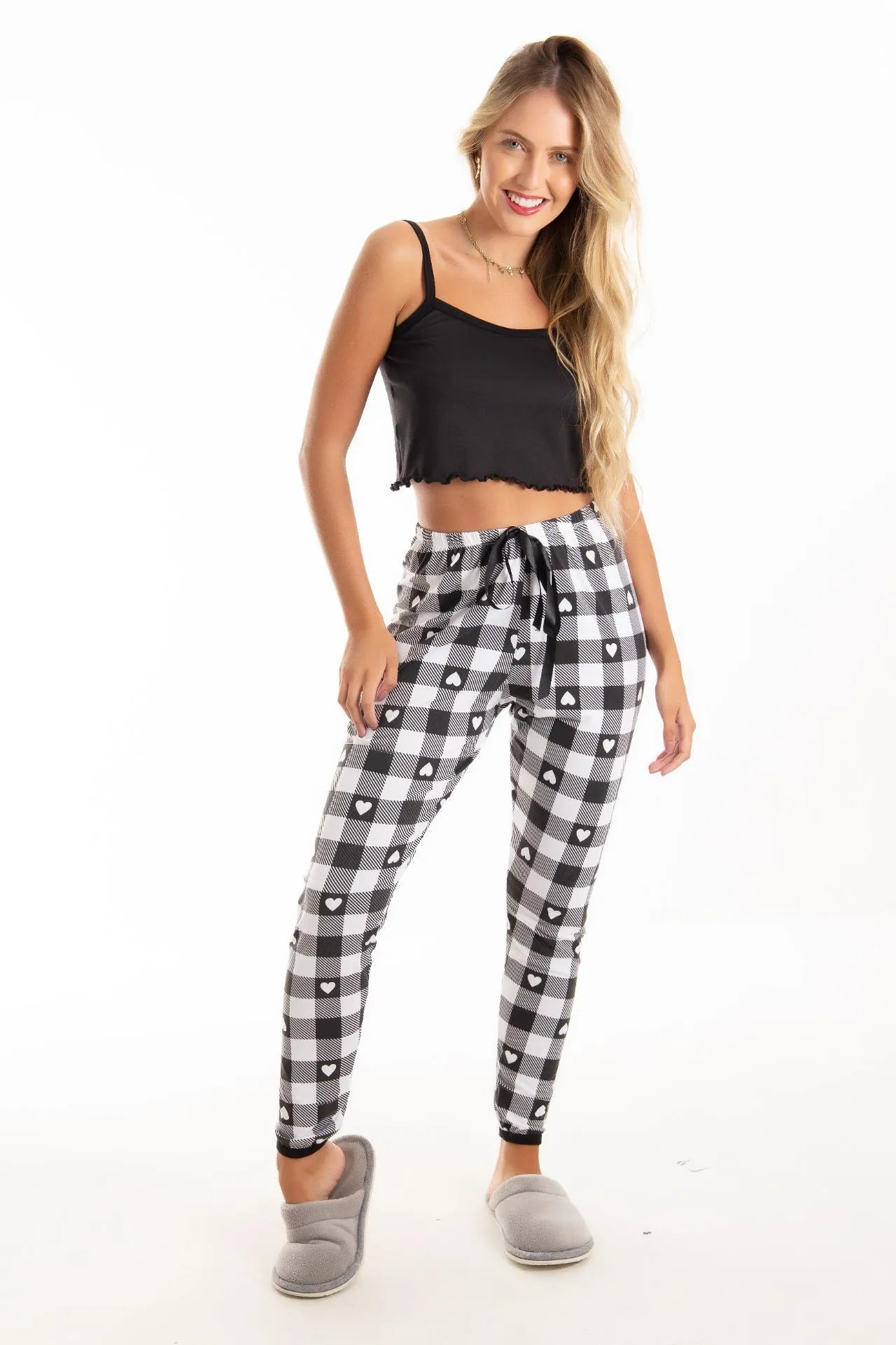 Pijama cropped alcinha com calça- Xadrez Coração