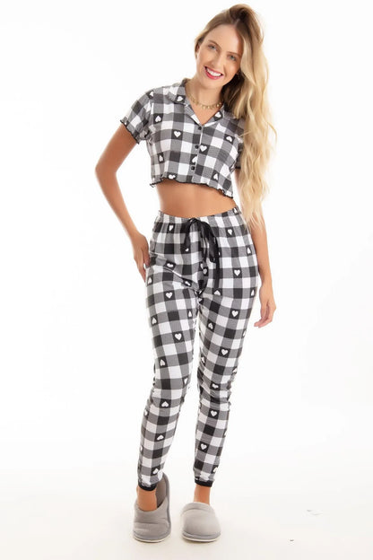 Pijama cropped com calça- Xadrez coração