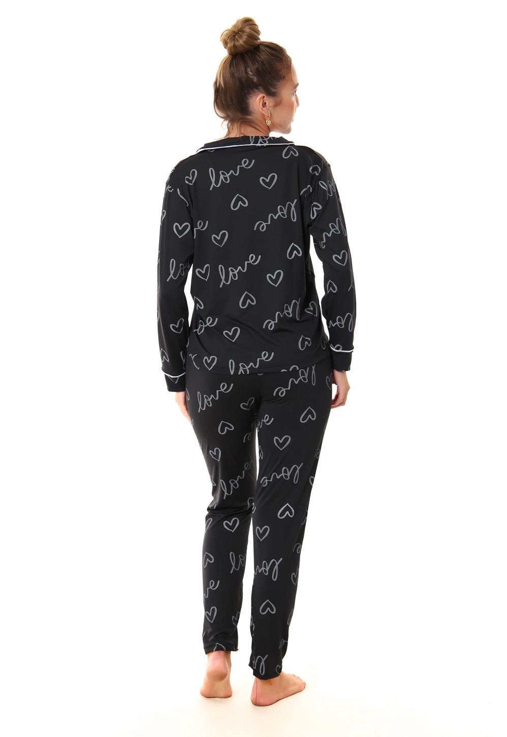 Pijama Longo Americano de Suede- Love Preto