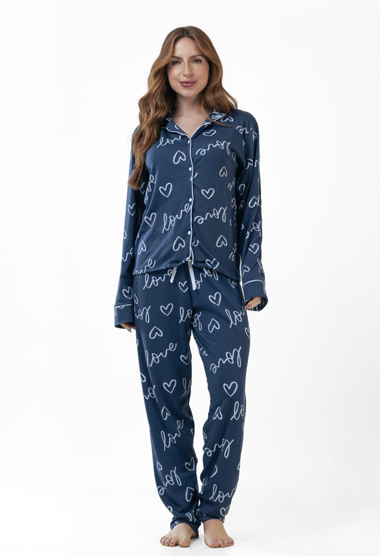 Pijama Longo Americano de Suede- Love Marinho