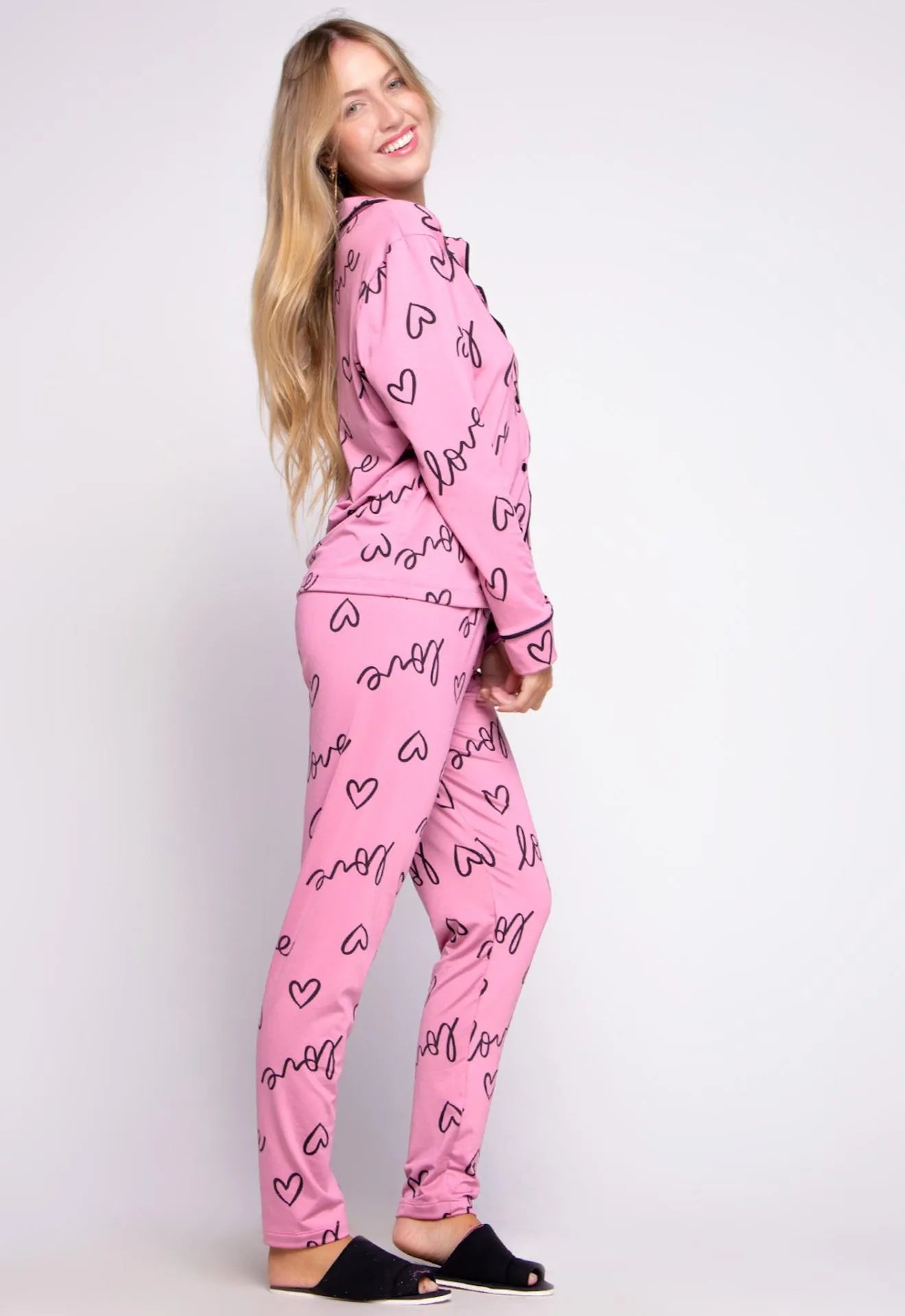 Pijama Longo Americano de Suede -Love Rosa