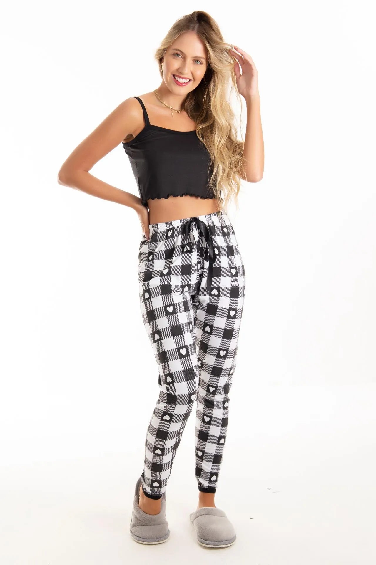 Pijama cropped alcinha com calça- Xadrez Coração