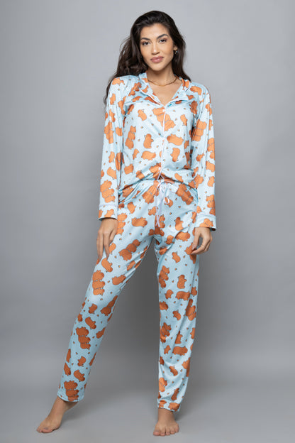 Pijama americano longo flut- Capivara Azul