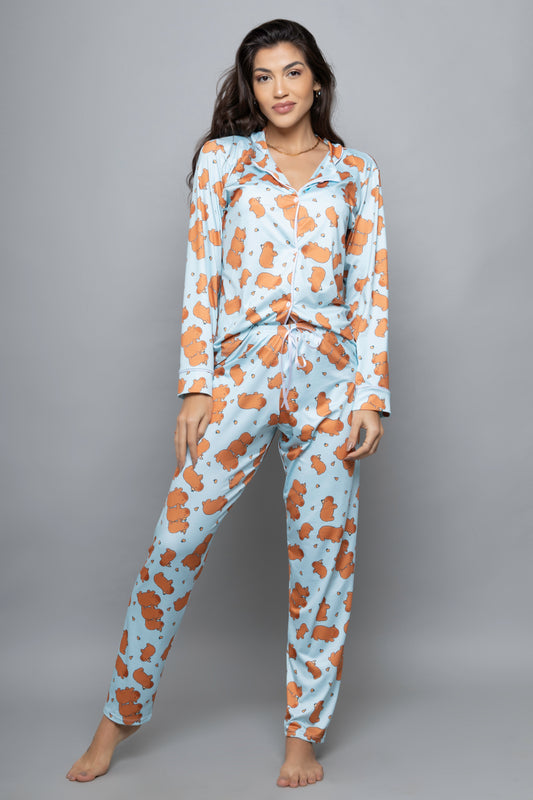 Pijama americano longo flut- Capivara Azul
