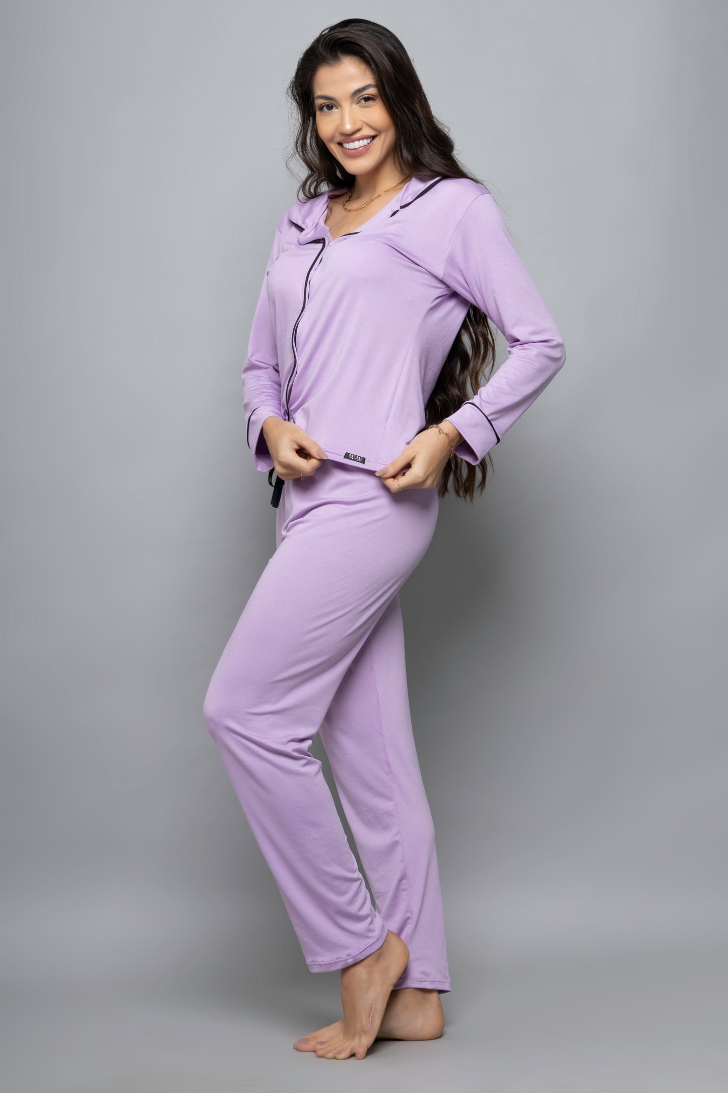 Pijama americano longo suede- Lilás