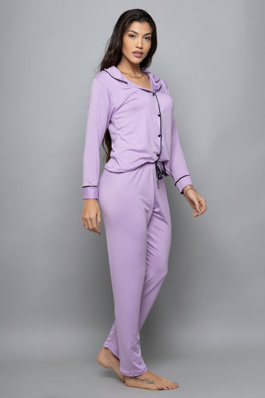 Pijama americano longo suede- Lilás