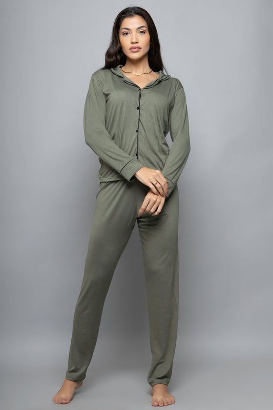 Pijama americano suede longo- Verde Militar