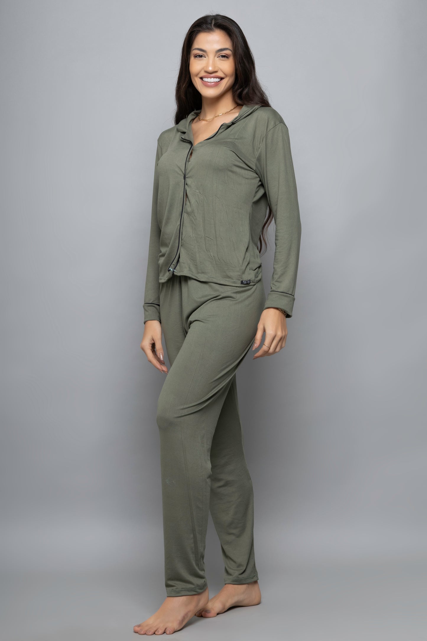 Pijama americano suede longo- Verde Militar