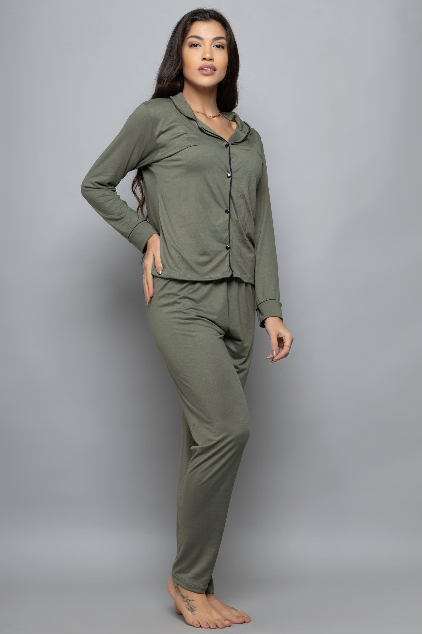 Pijama americano suede longo- Verde Militar