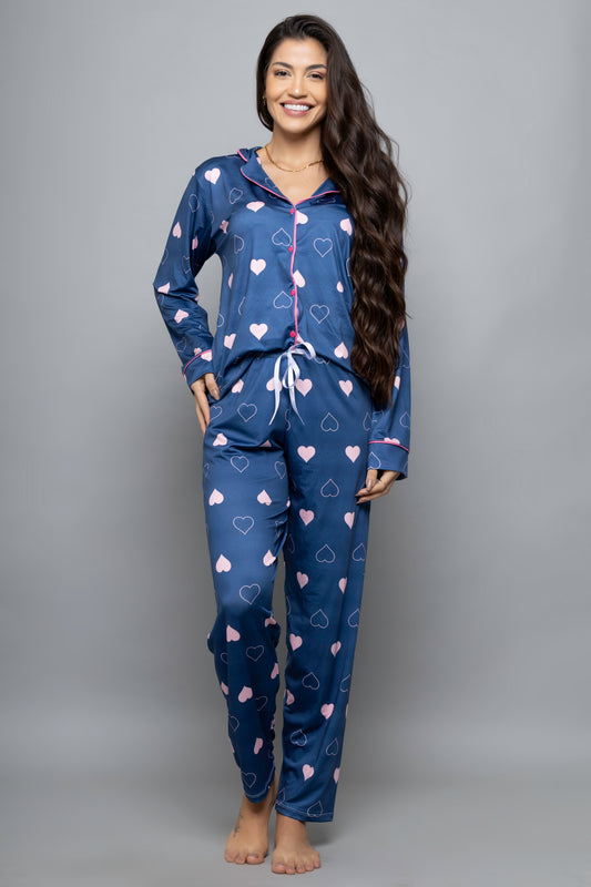 Pijama longo americano fluit- Coração Marinho