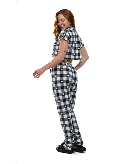 Pijama cropped com calça- Xadrez coração