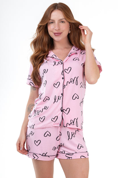 Pijama Curto Americano Suede - Love Rosa