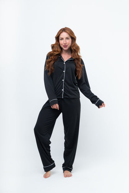 Pijama Longo Americano Suede- Preto com Branco