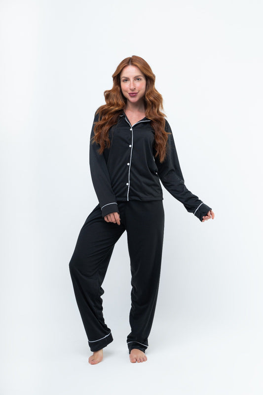 Pijama Longo Americano Suede- Preto com Branco